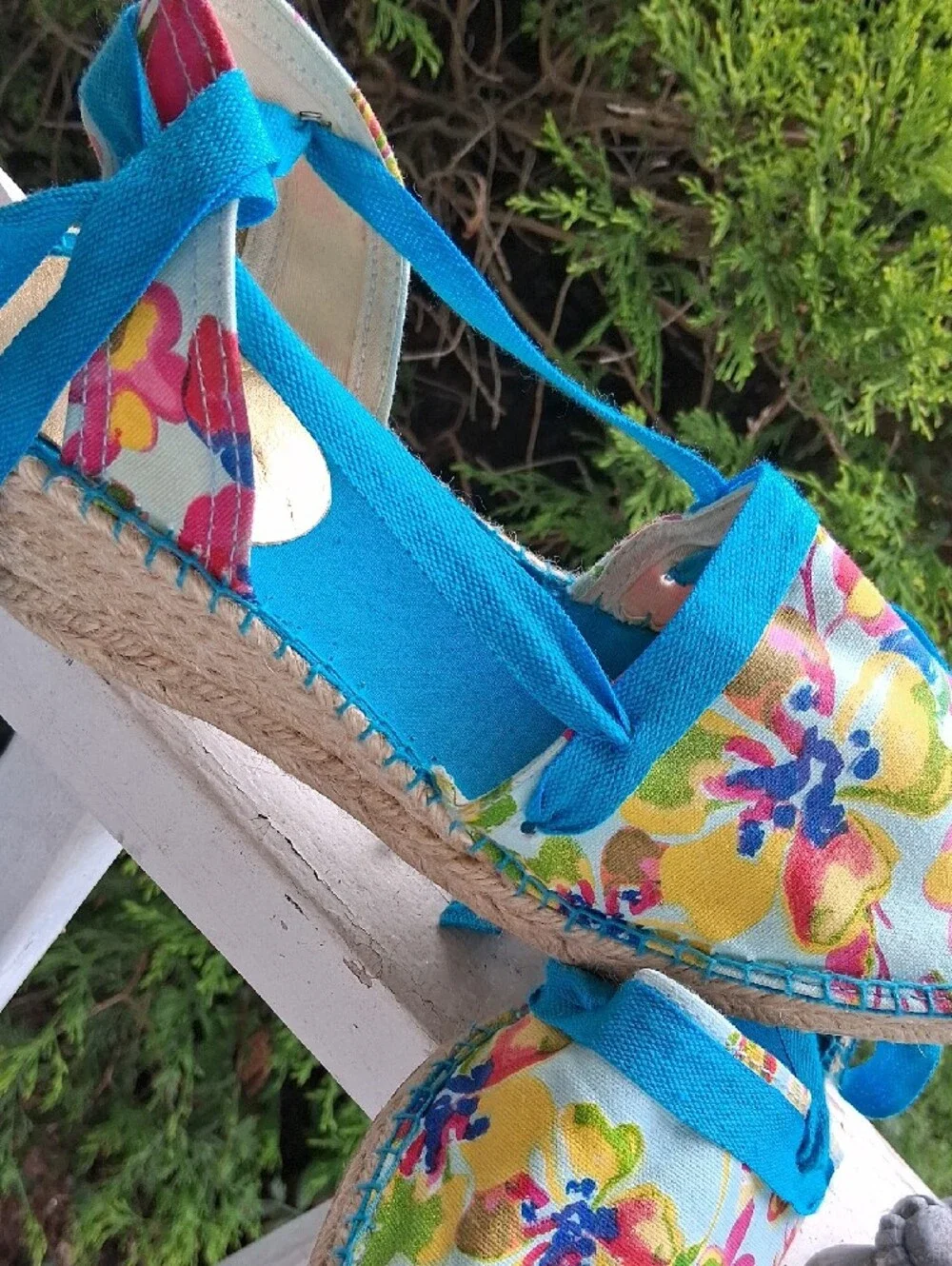 Anne Klein Floral Espadrille Sandals with Bright Blue Ties